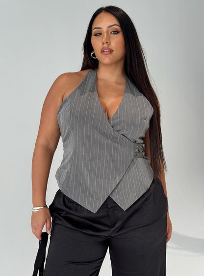 Calexico Buckle Halter Top Grey Pinstripe Curve