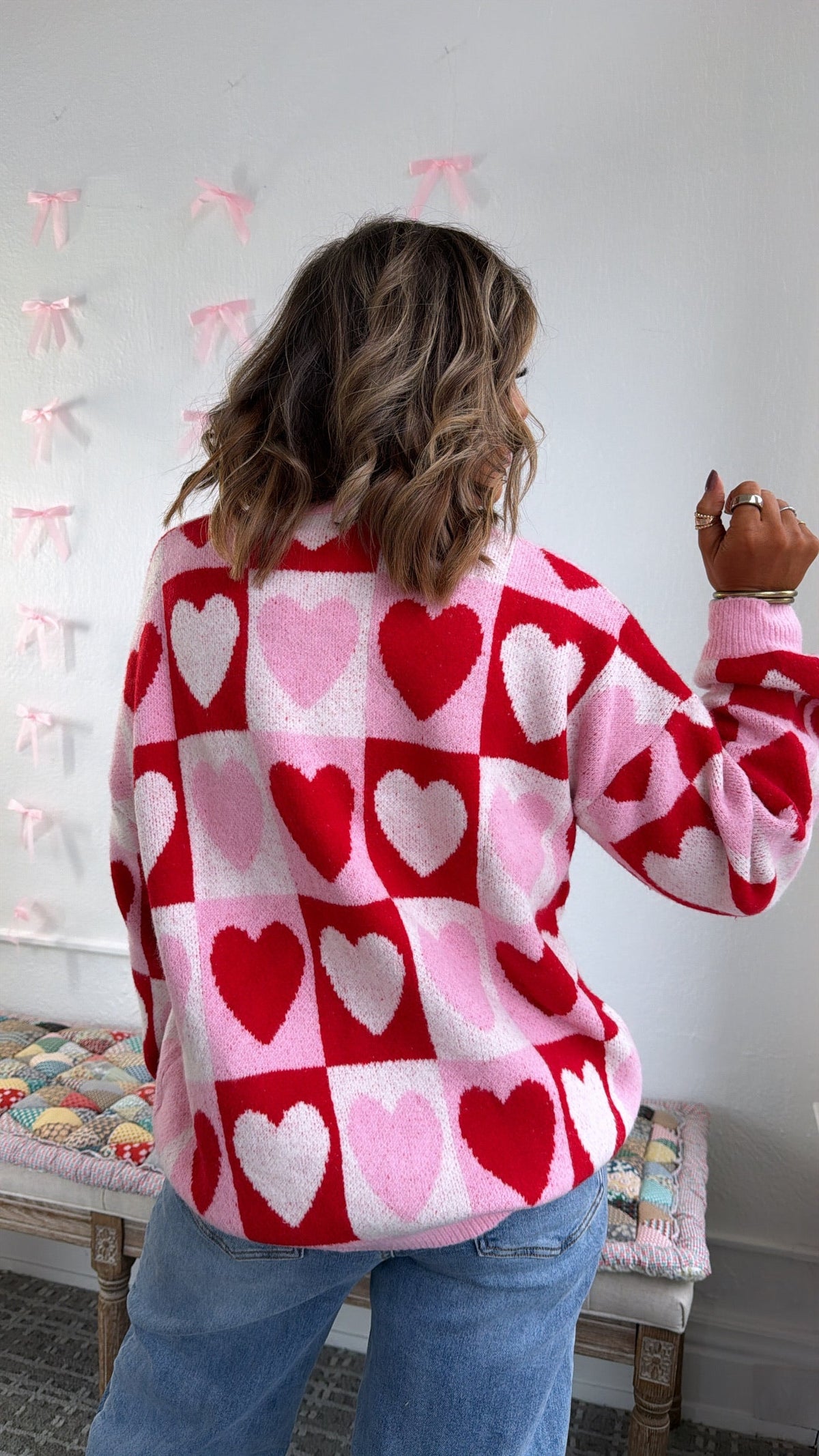 Cherry Heart Knit Sweater, Pink/Red