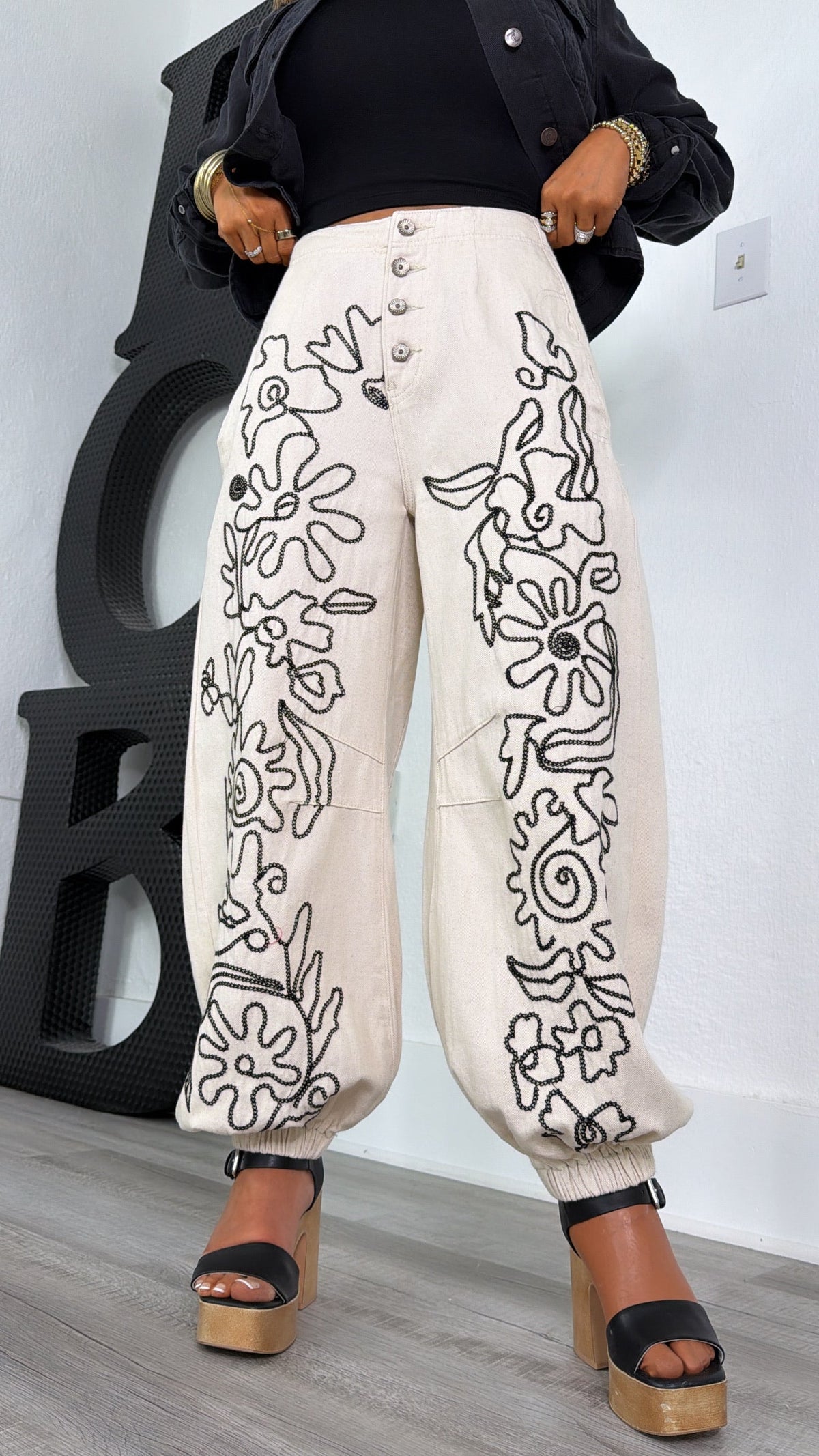For The Love Of Floral Embroidered Denim Jogger, Oatmilk