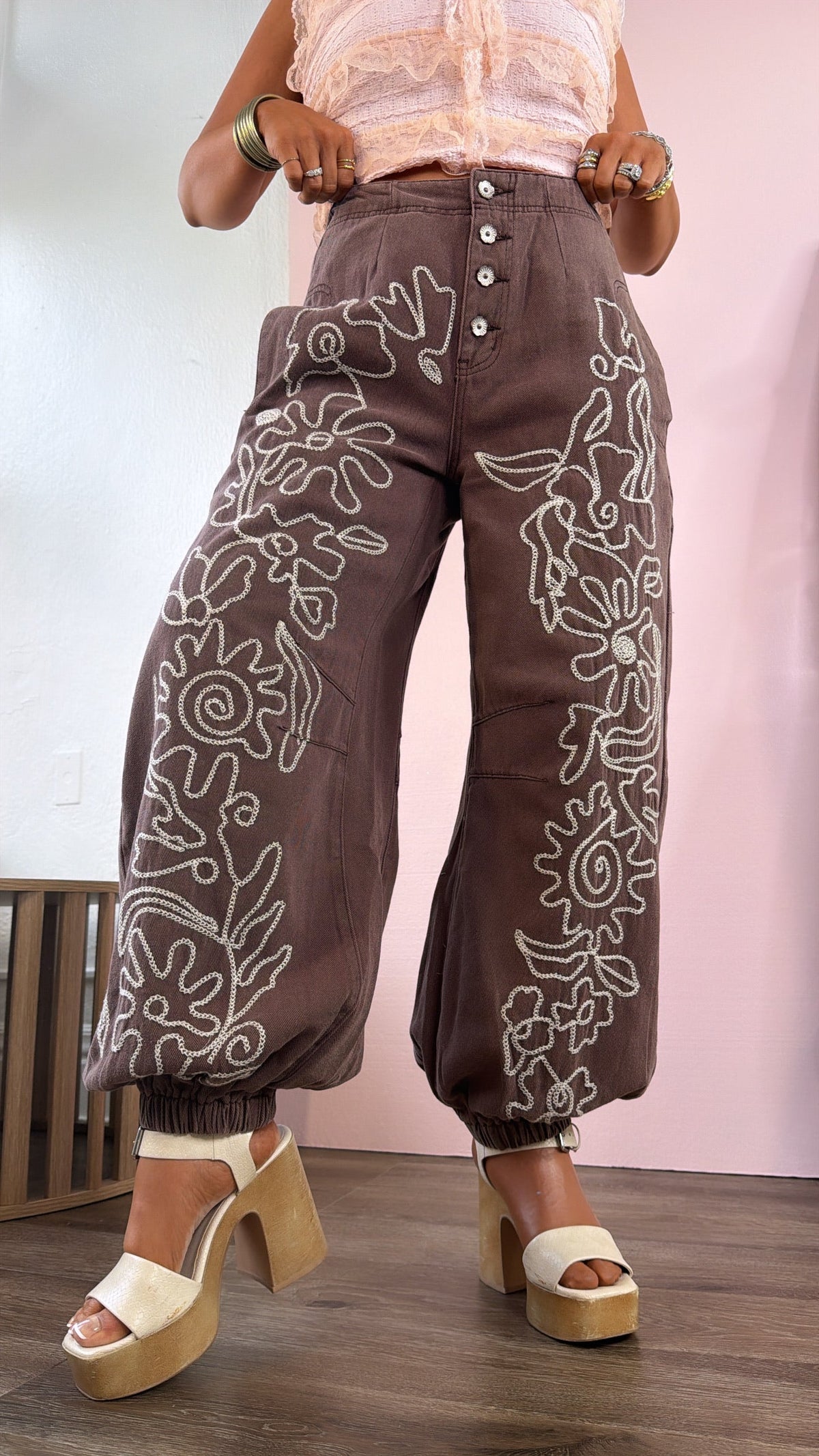 For The Love Of Floral Embroidered Denim Jogger, Mocha