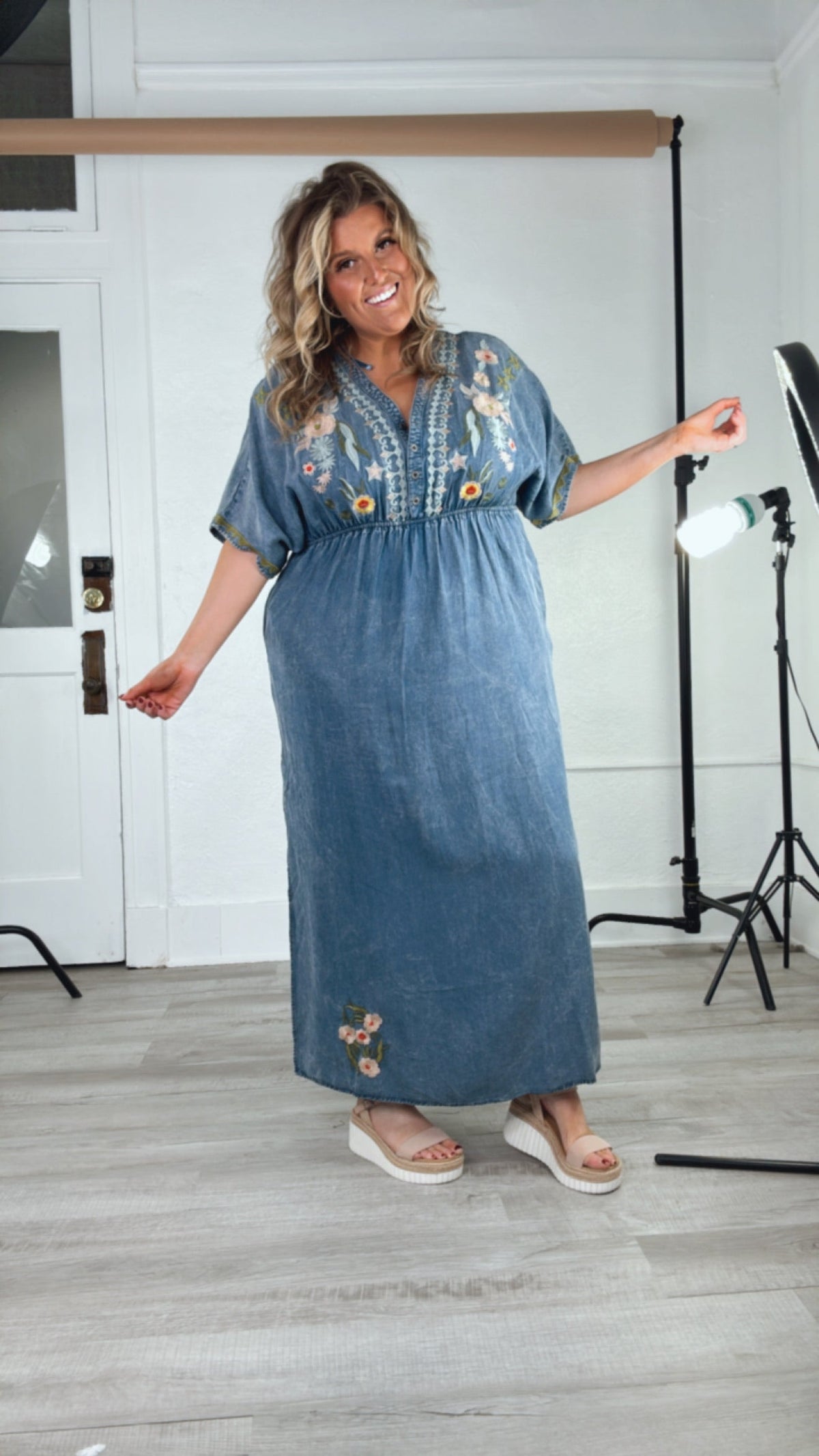 Chambray Stitch & Bloom Embroidered Maxi Dress, Denim