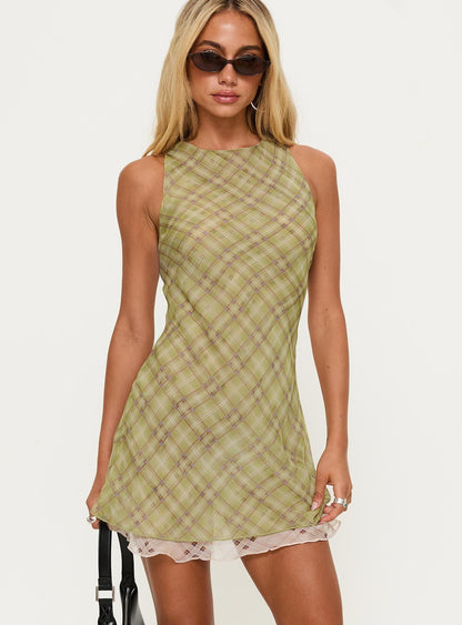Buffie Shoulder Mini Dress Green Check