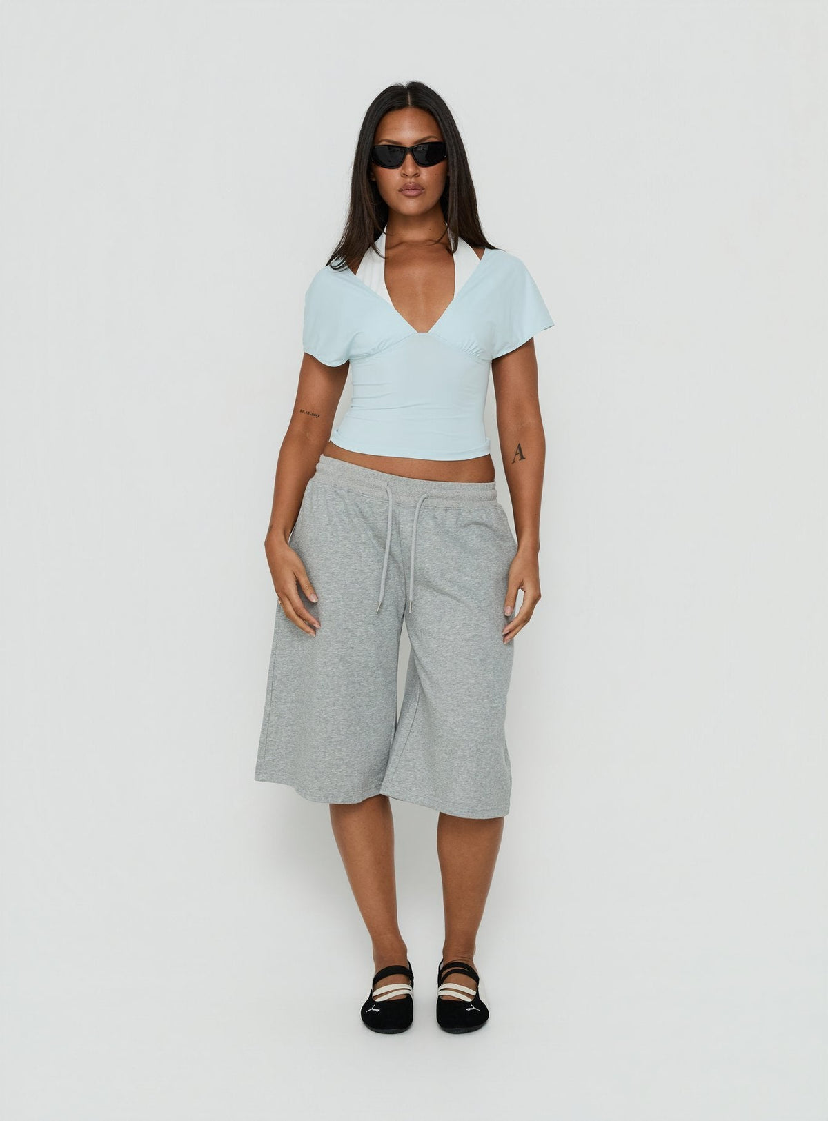 Beea Layered Halter Short Sleeve Top Blue / White