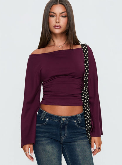 Anastasie Off Shoulder Long Sleeve Top Deep Red