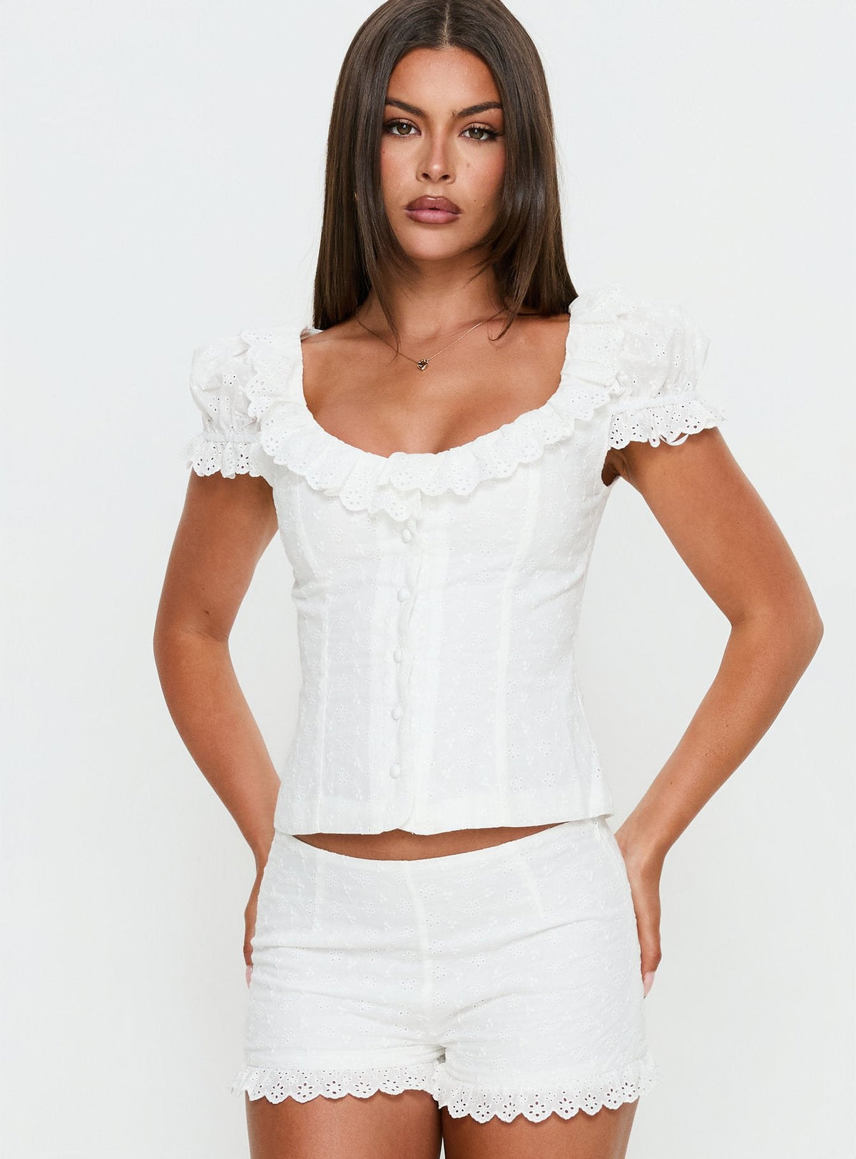 Caily Frill Short Sleeve Top White