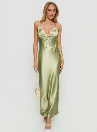 Alysa Lace Trim Halter Maxi Dress Green