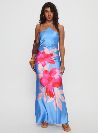 Caliyah Halter Maxi Dress Blue Floral