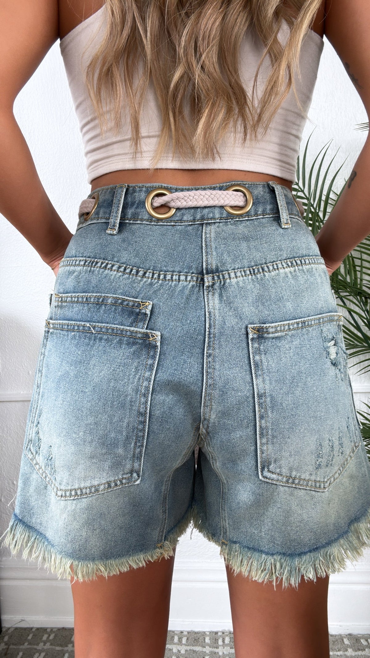 New Point Of View Braided Belt Shorts, Denim