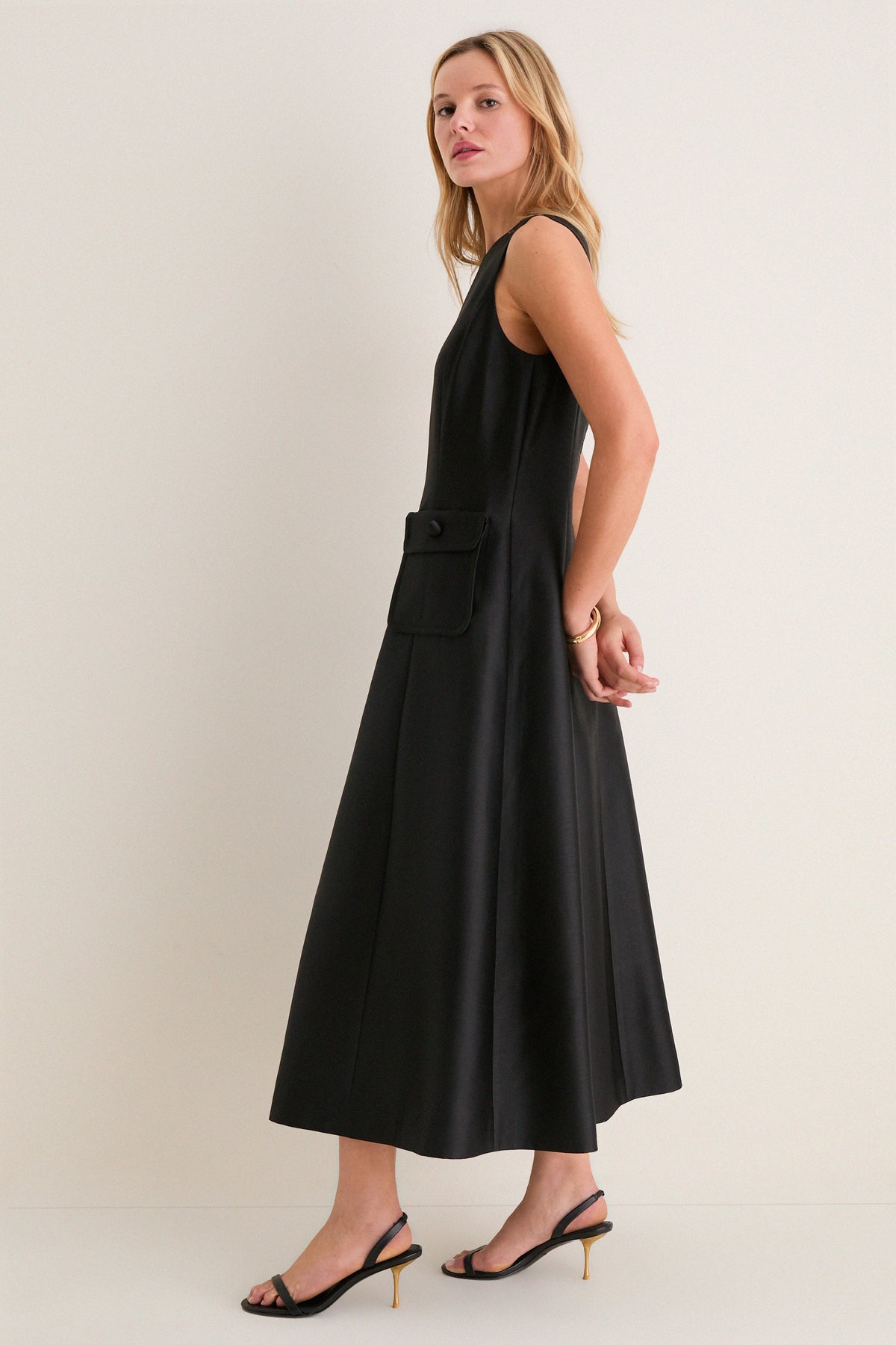 Black Dupioni Helene Midi Dress