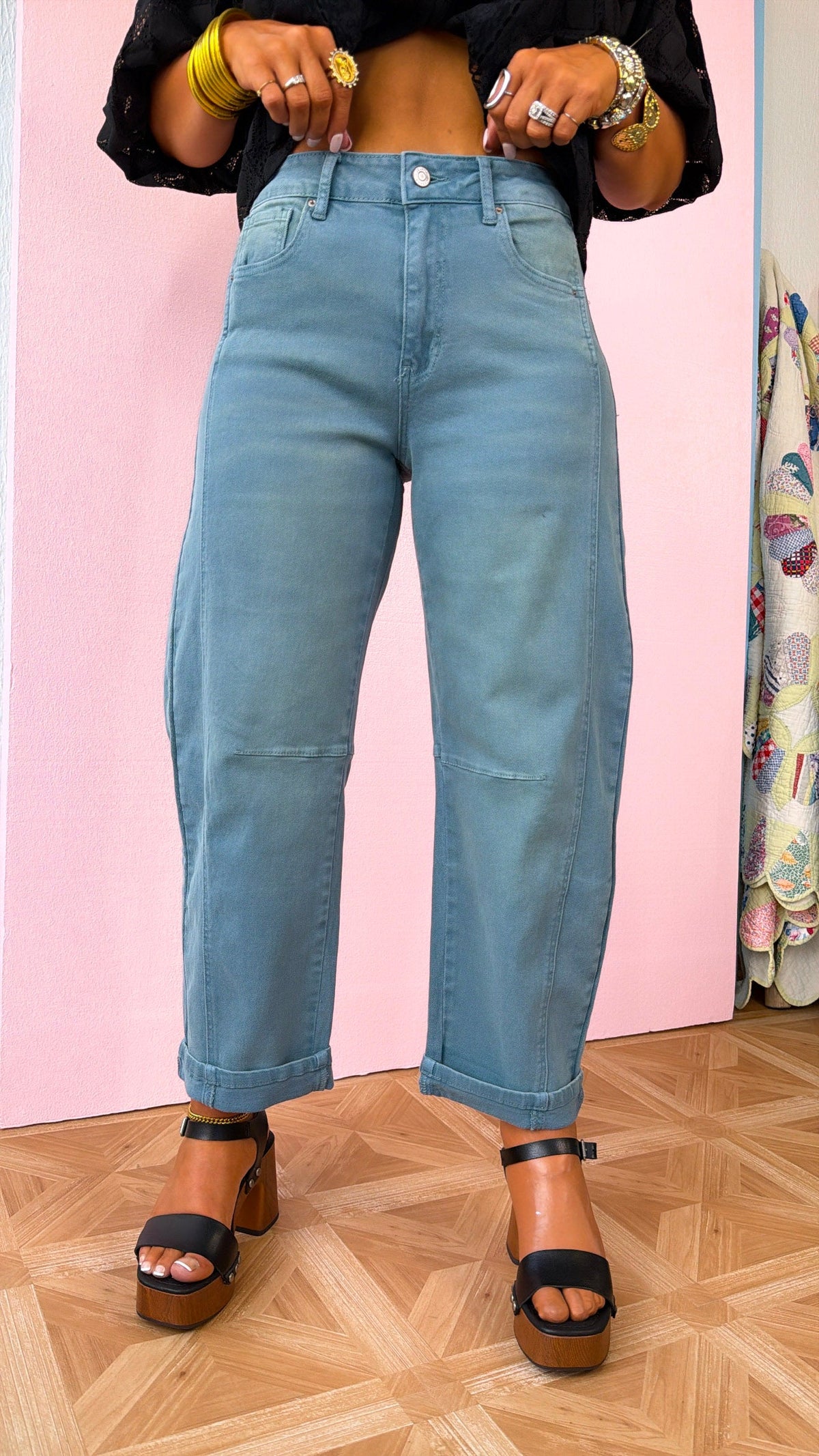 Breezy Teal Barrel Jeans