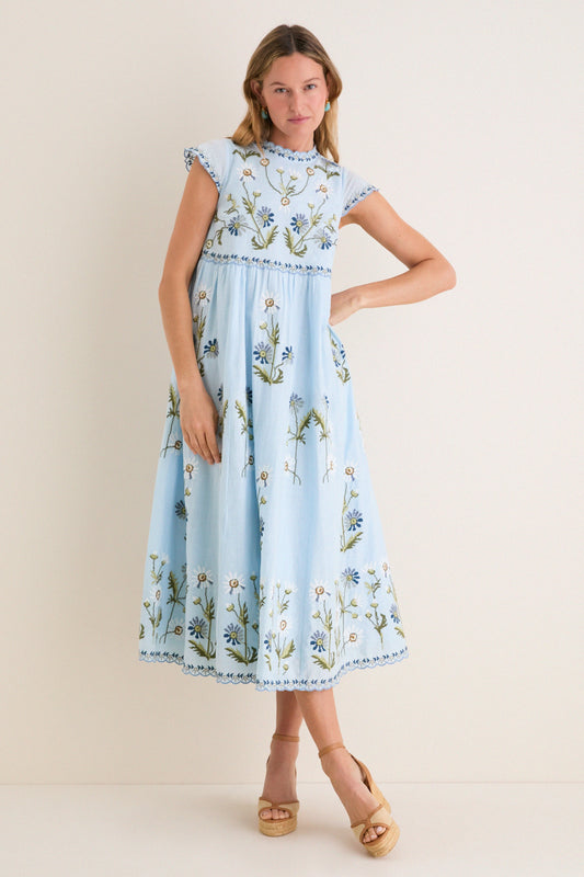 Blue Audra Embroidery Midi Dress