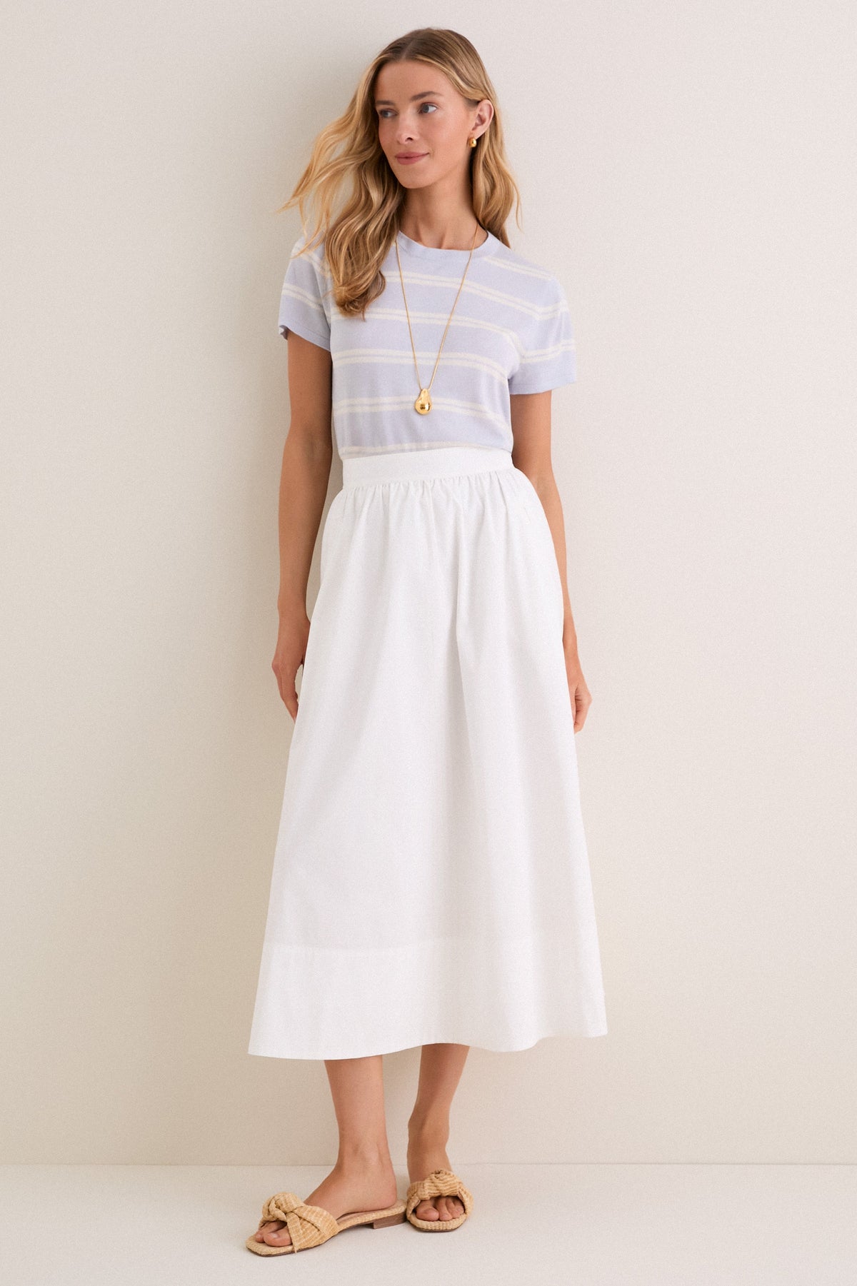 Blue and Ivory Stripe Cashmere Silk Katie Tee