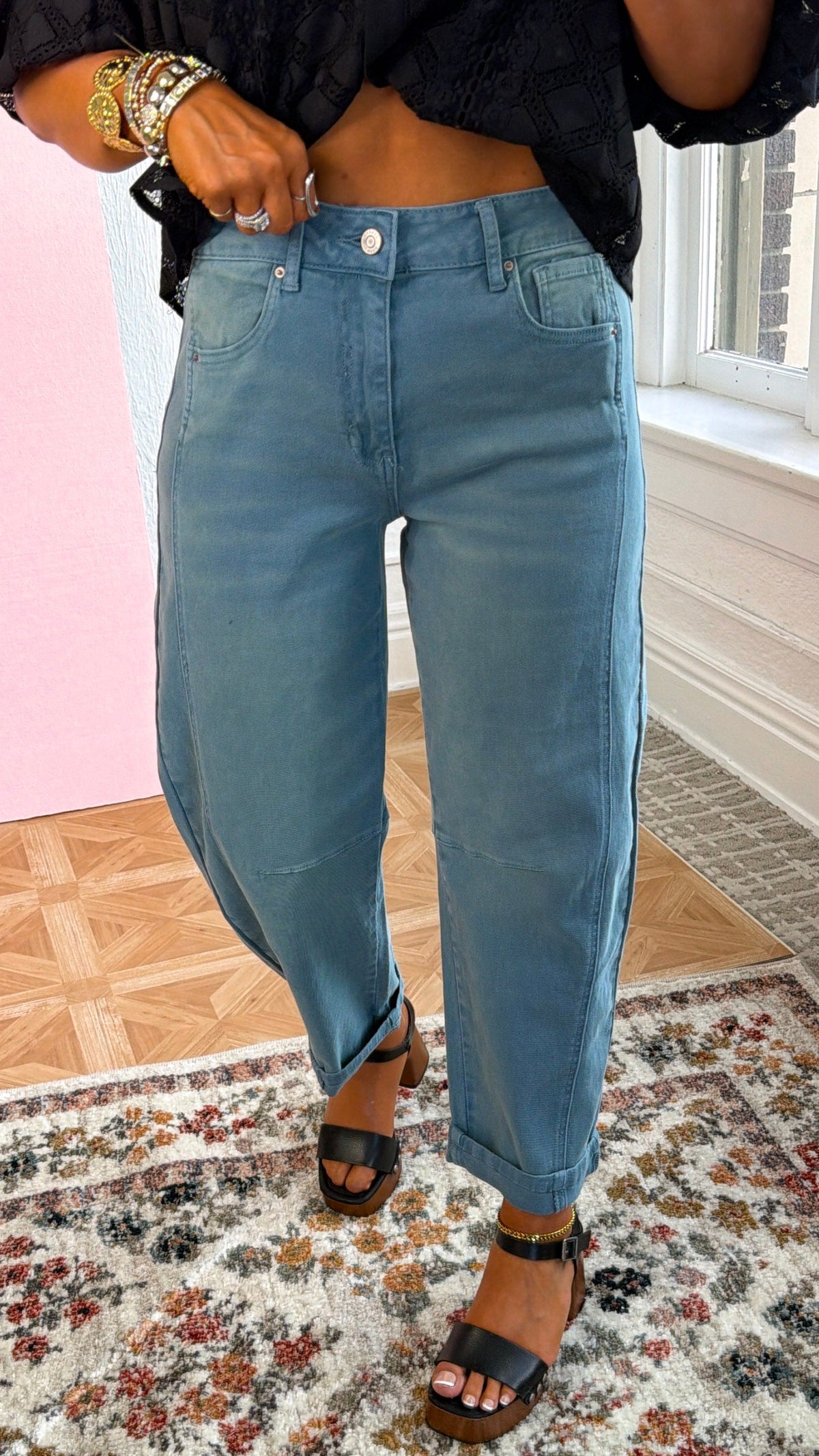 Breezy Teal Barrel Jeans