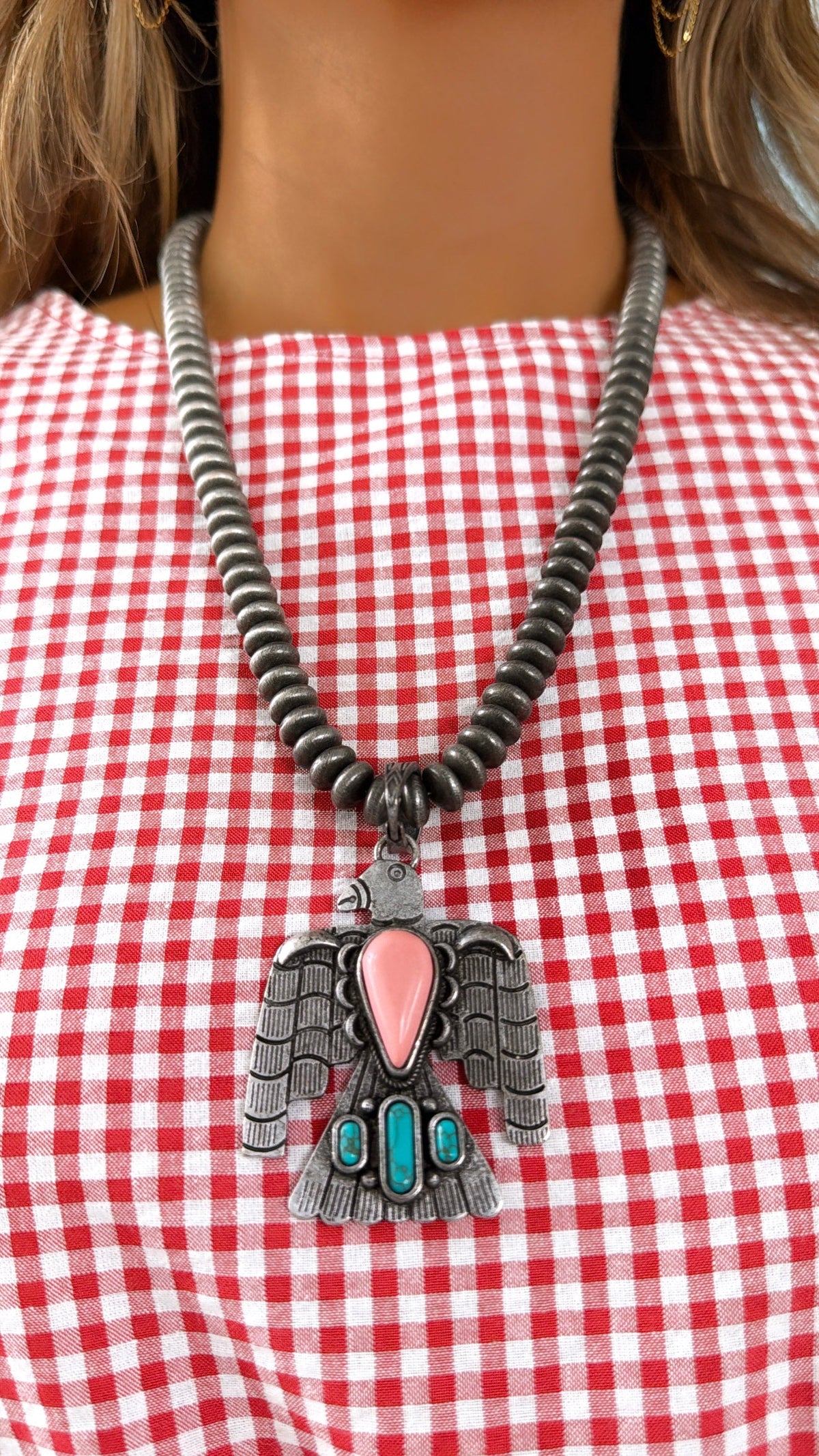 Eagle Pendant Beaded Necklace, Lt.Pink