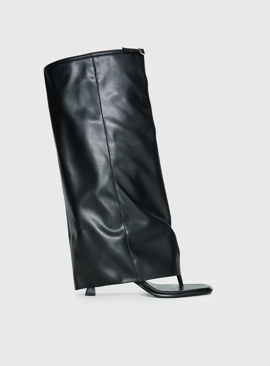Burning Daylight Open Toe Knee High Boots Black