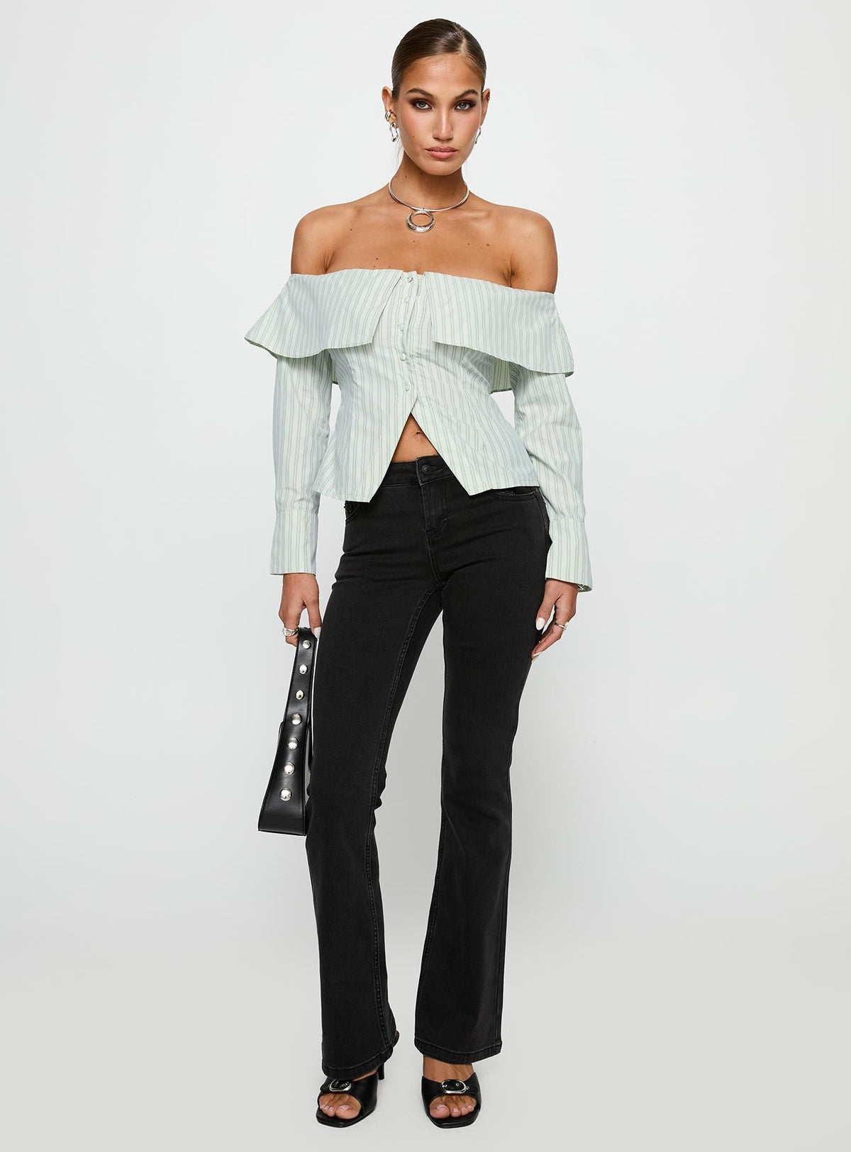 Another Hill Off Shoulder Top Green Stripe