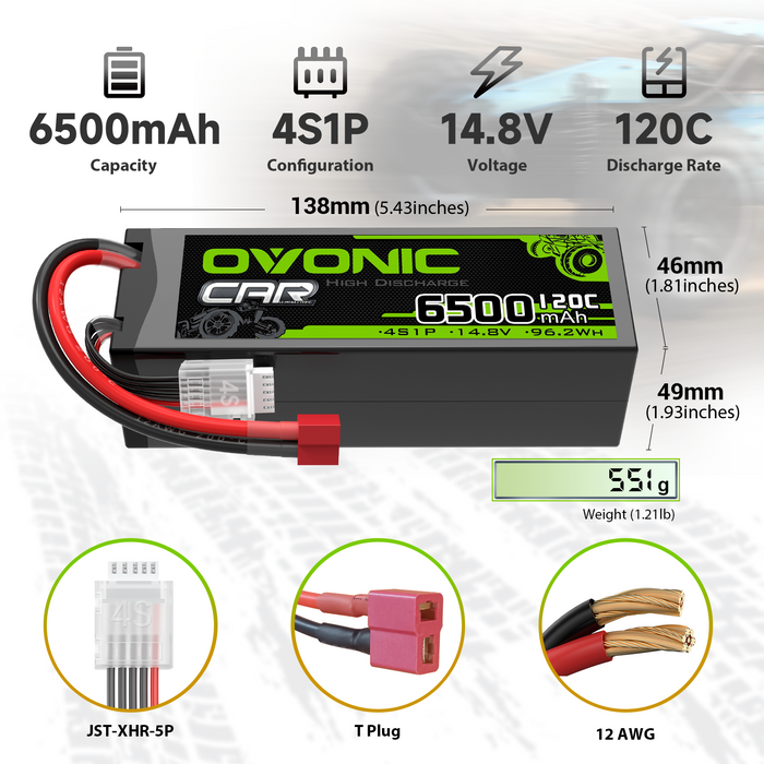 [2-Pack] Ovonic 14.8V 120C 4S 6500mAh Hardcase LiPo Battery with Deans Connector for 1/8 Scale RC Cars