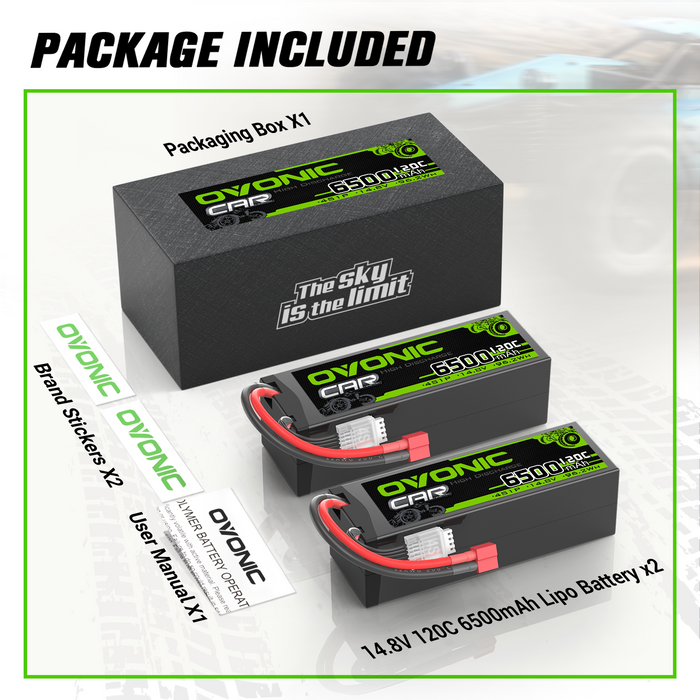[2-Pack] Ovonic 14.8V 120C 4S 6500mAh Hardcase LiPo Battery with Deans Connector for 1/8 Scale RC Cars
