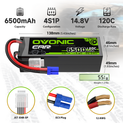 [2-Pack] Ovonic 14.8V 120C 4S 6500mAh Hardcase LiPo Battery with EC5 Plug for 1/8 Scale RC Cars