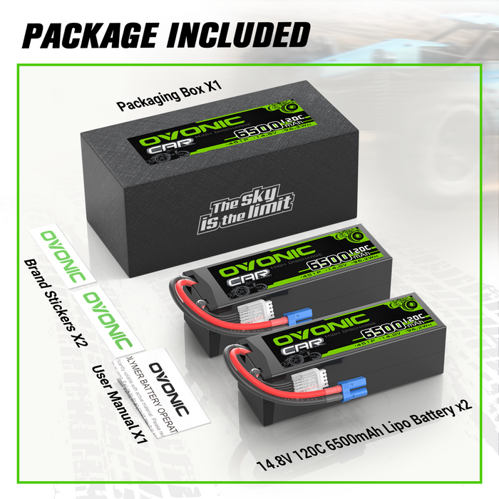 [2-Pack] Ovonic 14.8V 120C 4S 6500mAh Hardcase LiPo Battery with EC5 Plug for 1/8 Scale RC Cars