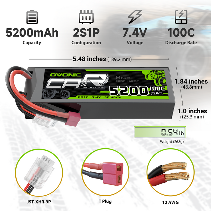 2-Pack Ovonic 2S 7.4V 5200mAh 100C Hardcase LiPo Battery with Deans Plug for 1/10 RC Buggy & Truck