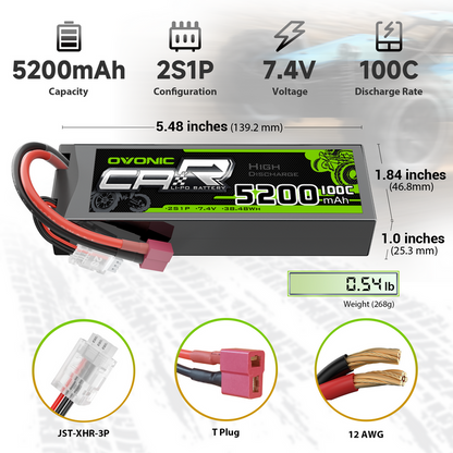 2-Pack Ovonic 2S 7.4V 5200mAh 100C Hardcase LiPo Battery with Deans Plug for 1/10 RC Buggy & Truck