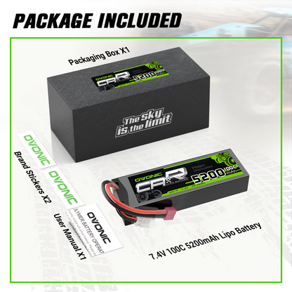 2-Pack Ovonic 2S 7.4V 5200mAh 100C Hardcase LiPo Battery with Deans Plug for 1/10 RC Buggy & Truck