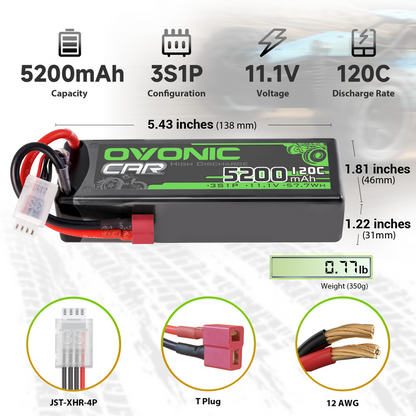 2-Pack Ovonic 5200mAh 11.1V 120C 3S LiPo Battery Pack with Deans T Connector for RC Cars and Trucks