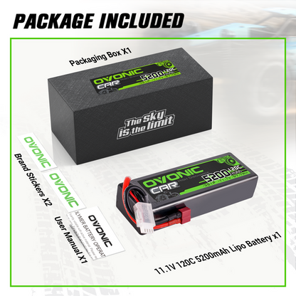 2-Pack Ovonic 5200mAh 11.1V 120C 3S LiPo Battery Pack with Deans T Connector for RC Cars and Trucks