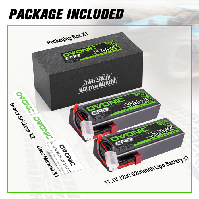 2-Pack Ovonic 5200mAh 11.1V 120C 3S LiPo Battery Pack with Deans T Connector for RC Cars and Trucks