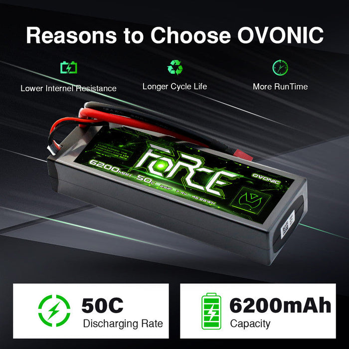 2-Pack Ovonic Force 2S 6200mAh 50C 7.4V Hardcase LiPo Battery w/Deans Plug for 1/10 1/8 RC Car, Boat & Truck