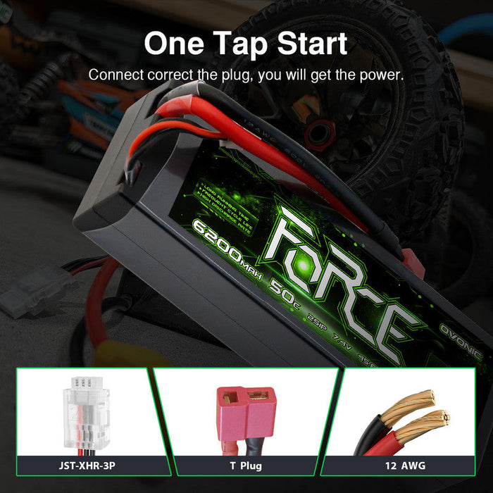 2-Pack Ovonic Force 2S 6200mAh 50C 7.4V Hardcase LiPo Battery w/Deans Plug for 1/10 1/8 RC Car, Boat & Truck