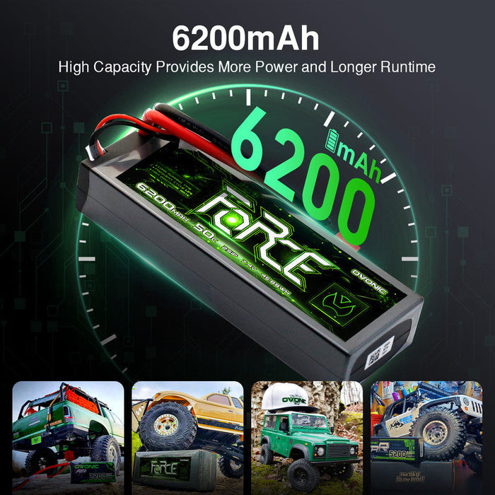 2-Pack Ovonic Force 2S 6200mAh 50C 7.4V Hardcase LiPo Battery w/Deans Plug for 1/10 1/8 RC Car, Boat & Truck