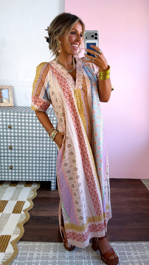Gypsy Queen Maxi Dress, Beige Multi