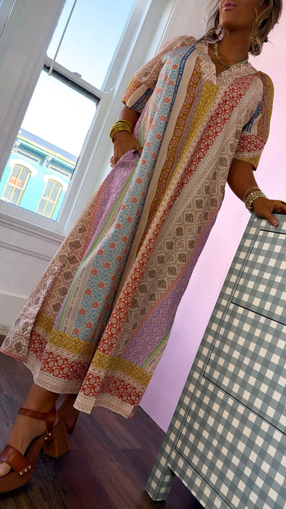 Gypsy Queen Maxi Dress, Beige Multi