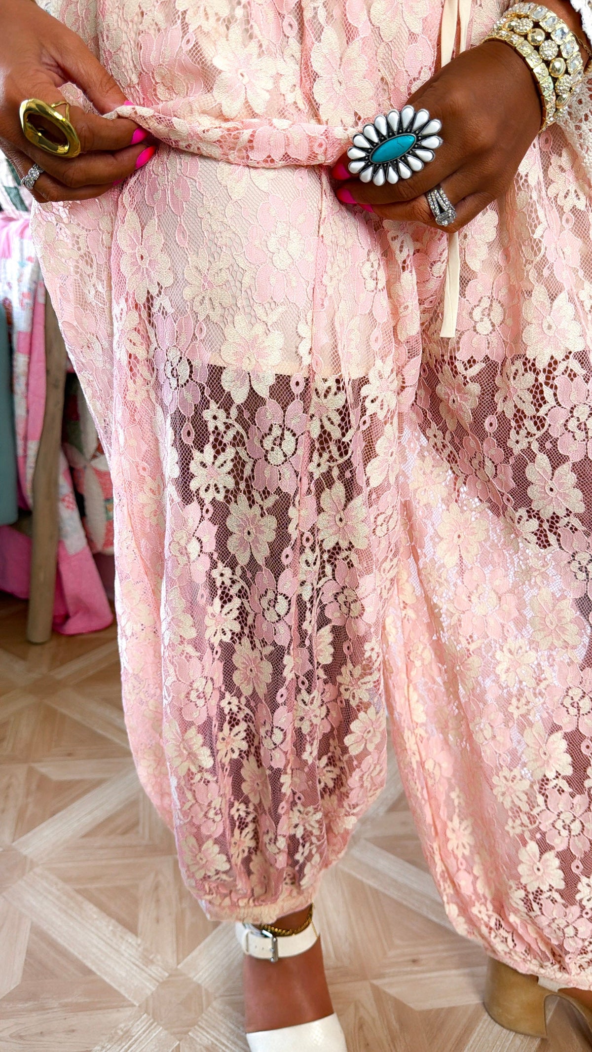 Floral Lace Balloon Joggers, Blush/Peach