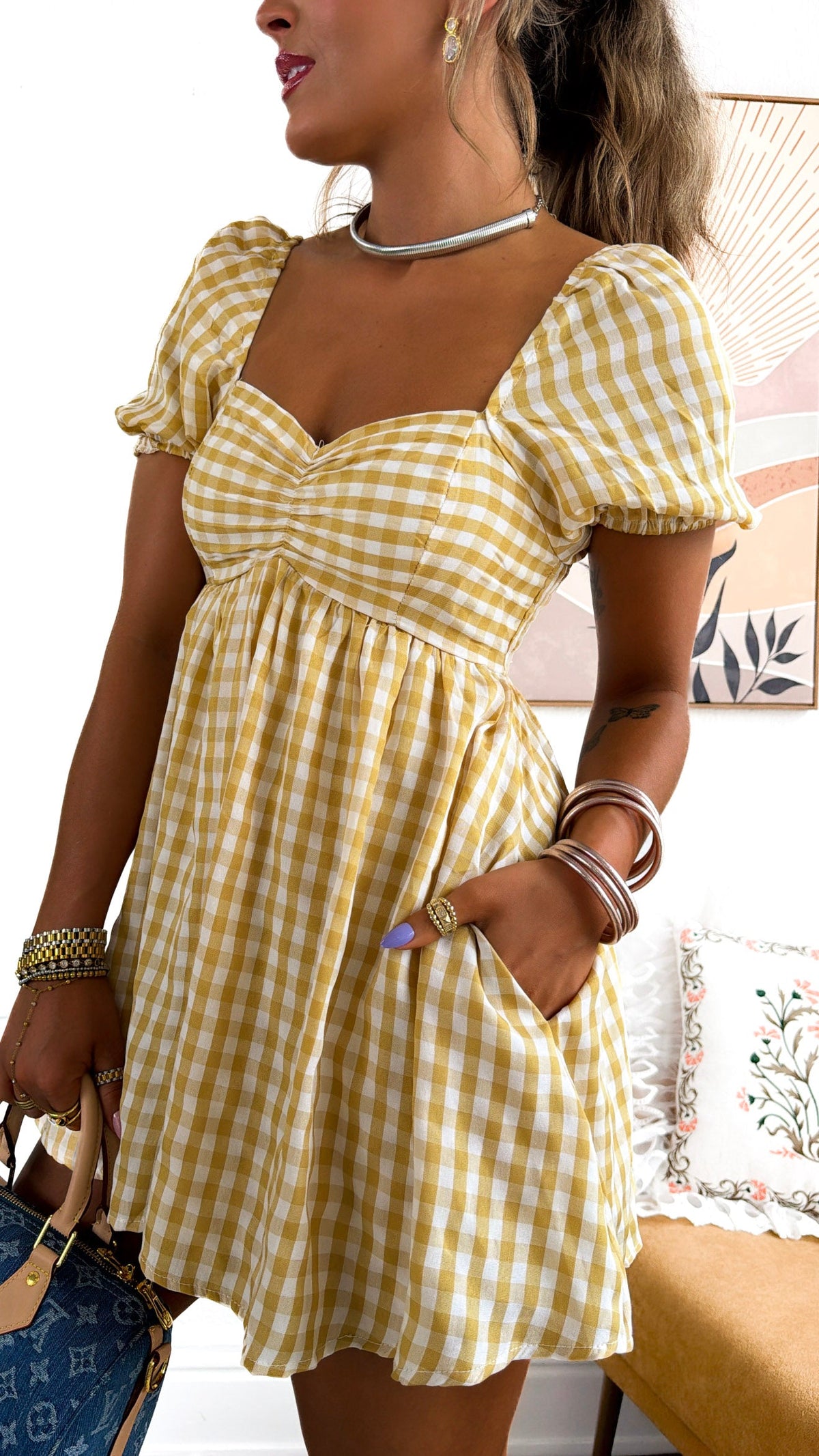 Picnic Date Gingham Romper, Yellow Multi