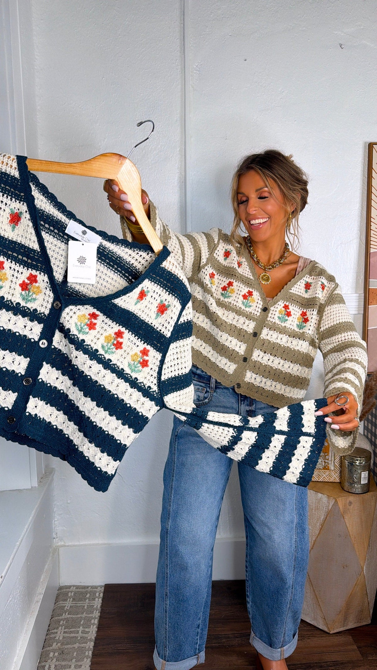 Flower Sprout Knit Cardigan, Navy Multi