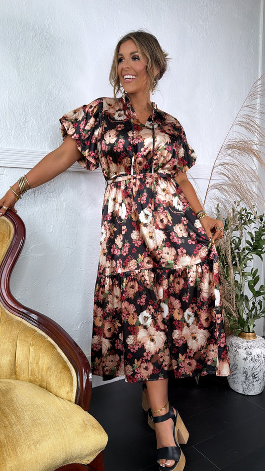 Dusky Petal Midi Dress, Black Multi