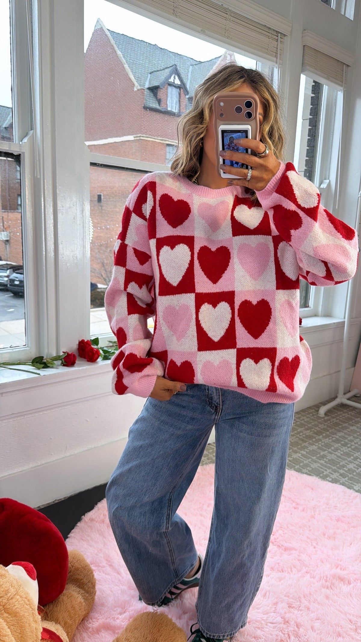 Cherry Heart Knit Sweater, Pink/Red