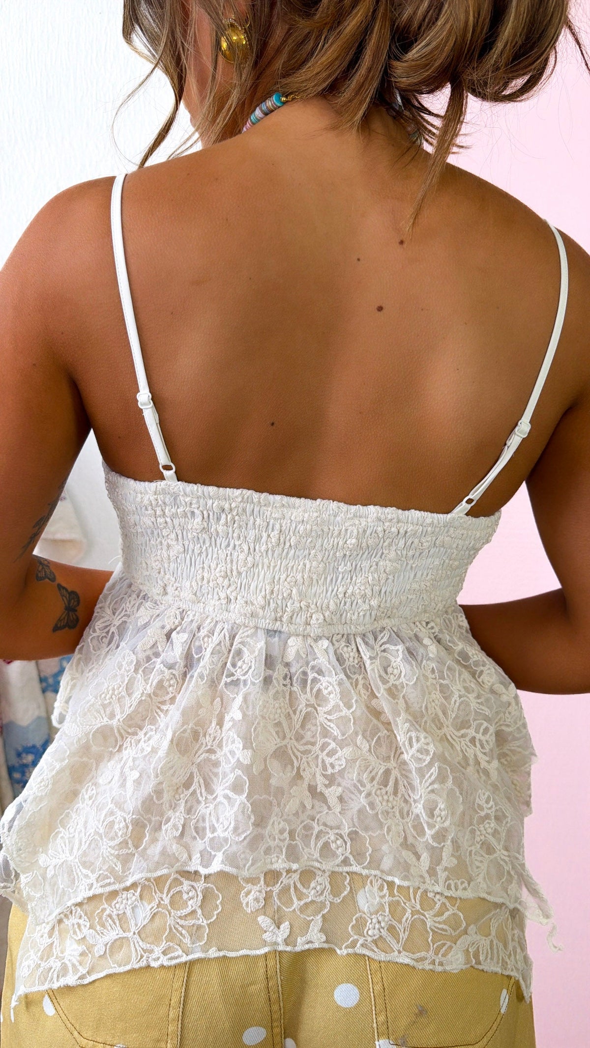 Drapey Lace Padded Tank Top,  Ecru