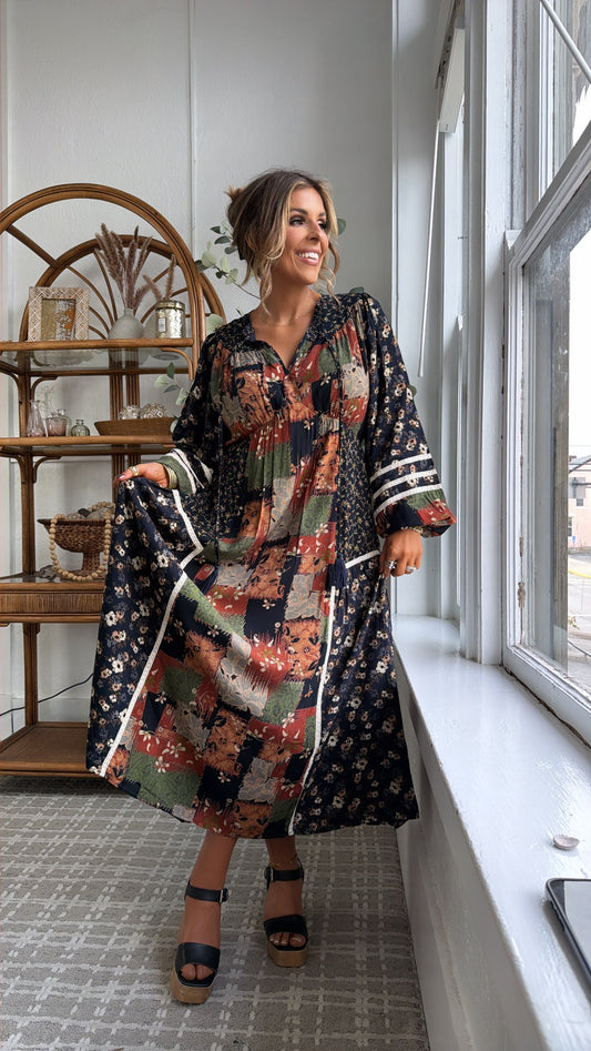 Amber Patch Midi Dress, Navy Multi