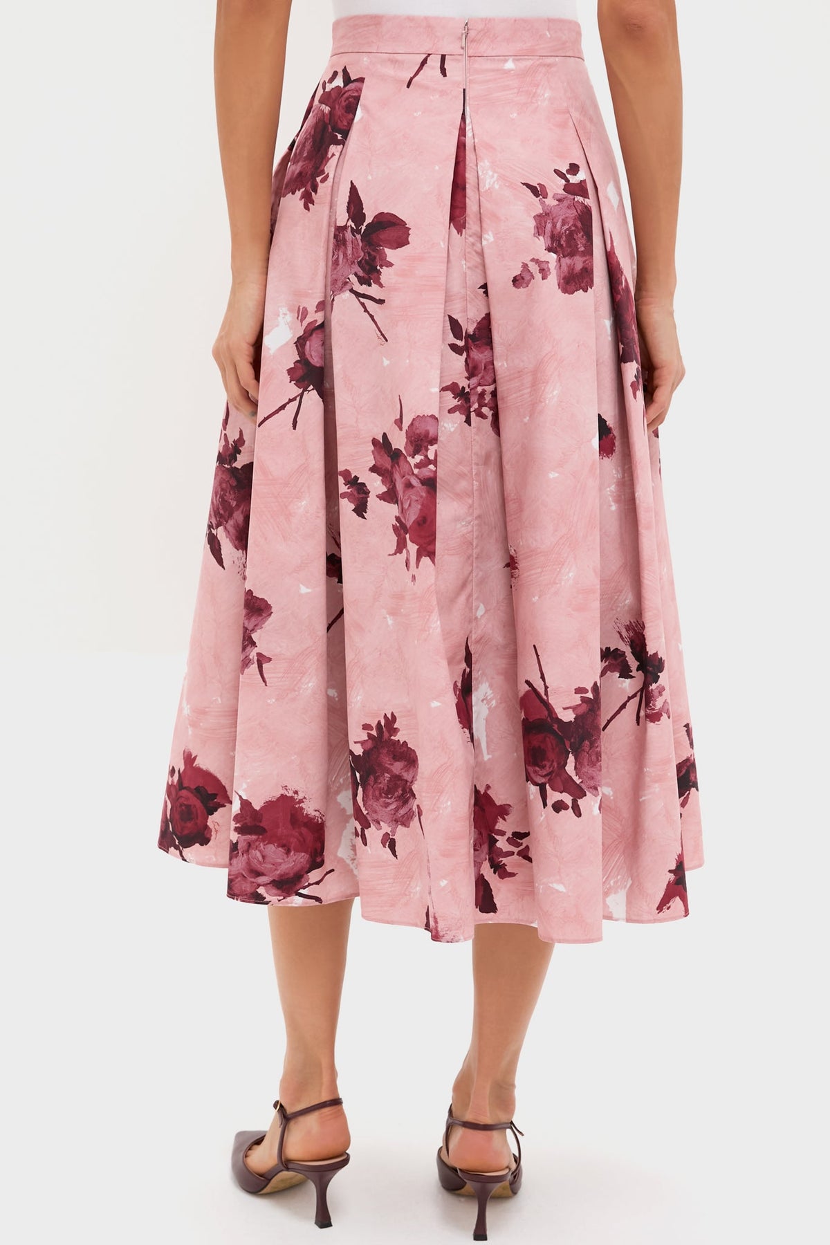 Abstract Rose Slipper Pink Pleated Midi Skirt
