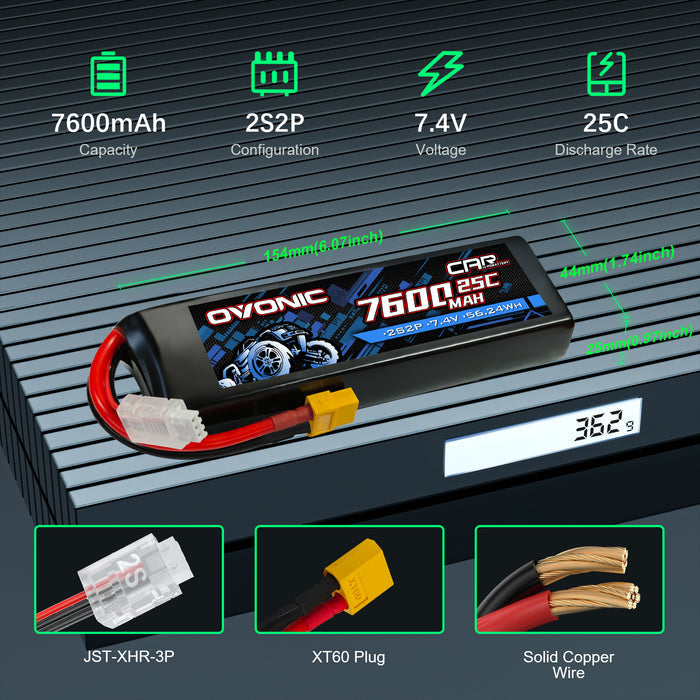 2Pack Ovonic 7.4V 7600mAh 2S2P LiPo Battery Ultra High Capacity with XT60 to TRA Plug for Rustler, Stampede & Arrma