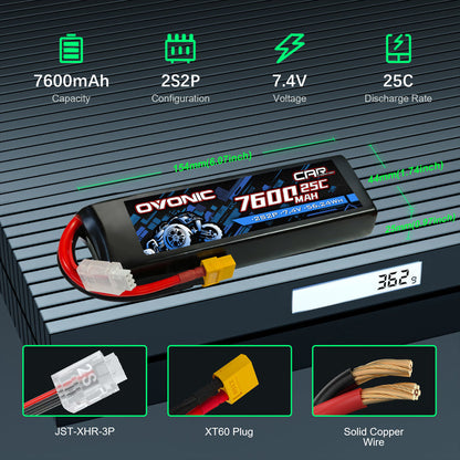 2Pack Ovonic 7.4V 7600mAh 2S2P LiPo Battery Ultra High Capacity with XT60 to TRA Plug for Rustler, Stampede & Arrma