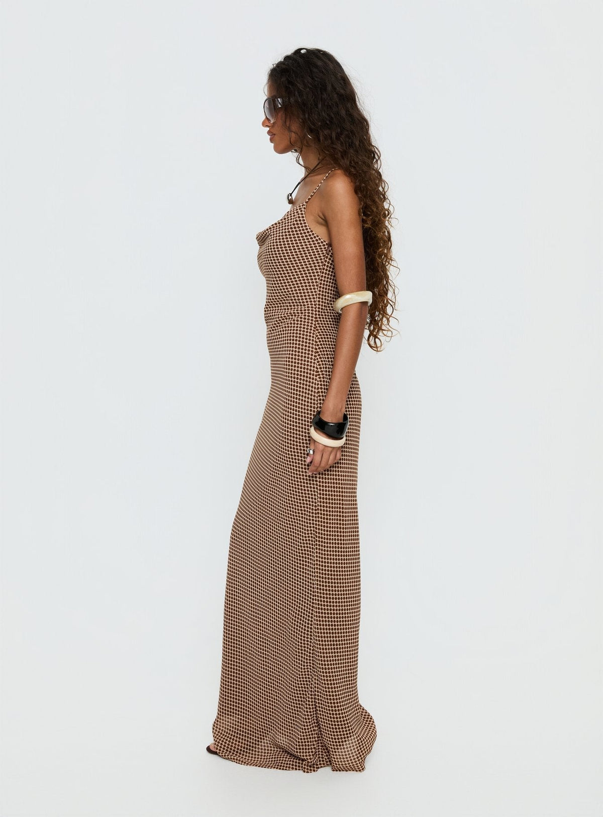 Aliah Cowl Neck Maxi Dress Brown Polka Dot