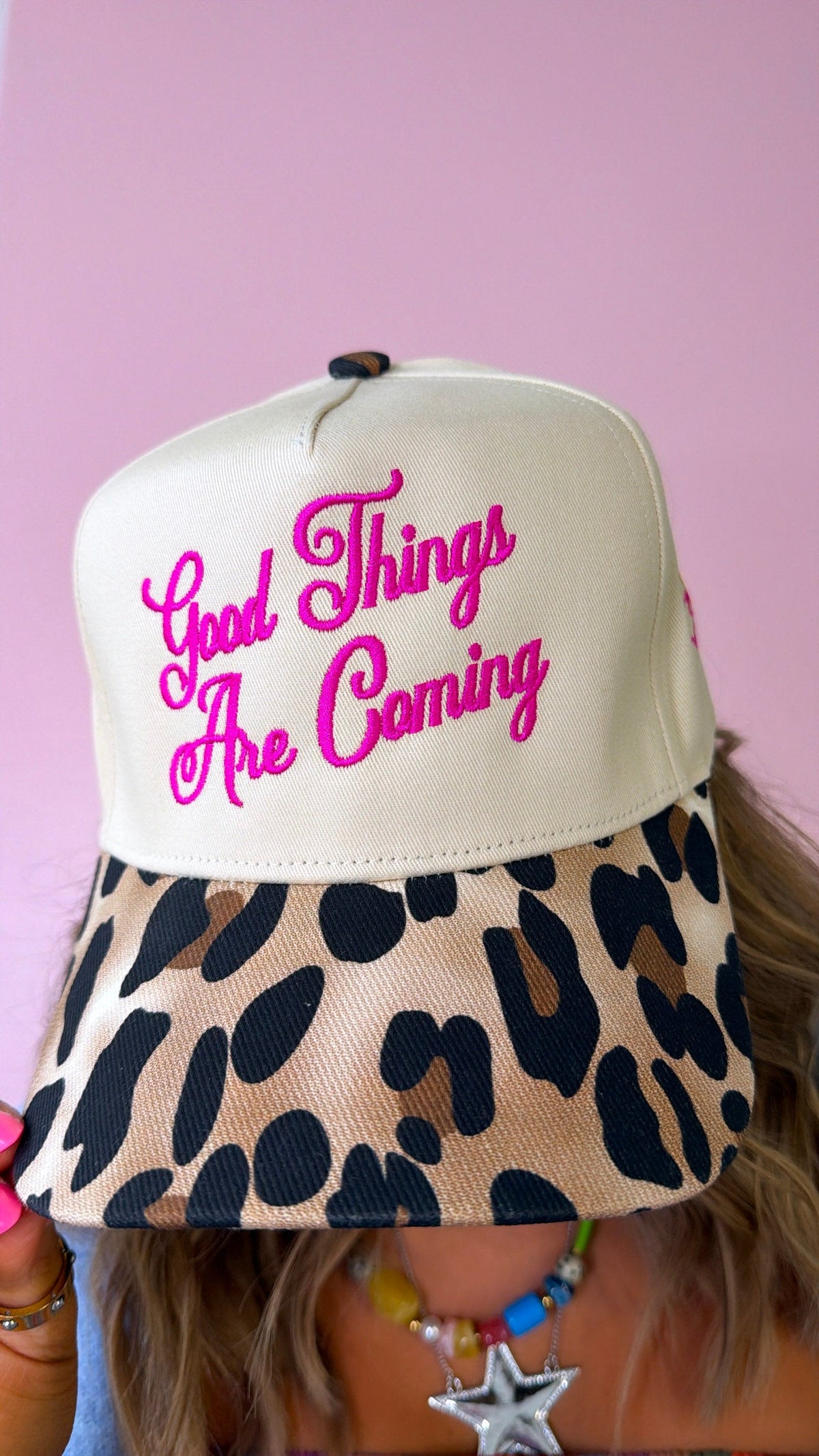 Good Things Are Coming Leopard Trucker Hat