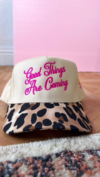 Good Things Are Coming Leopard Trucker Hat