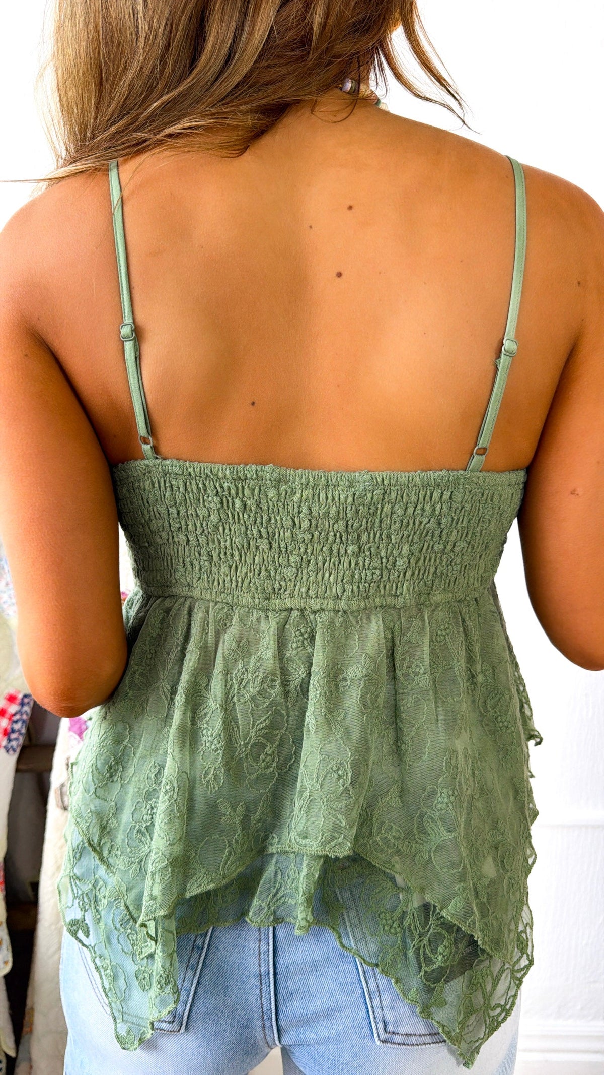 Drapey Lace Padded Tank Top, Olive