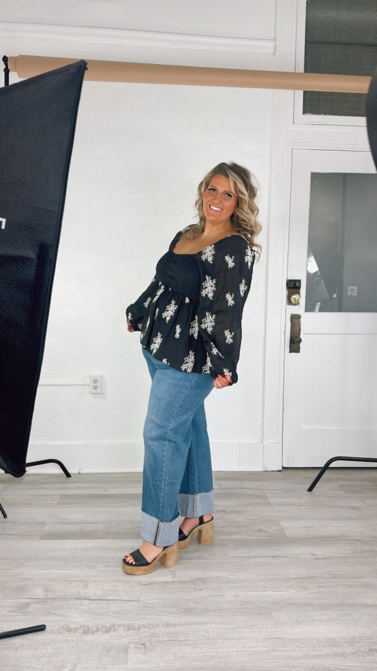 All About Details Embroidered Smocked Blouse, Black